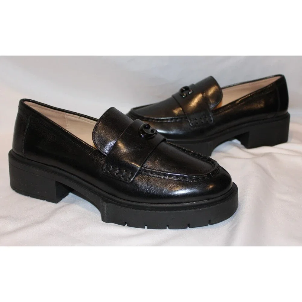 COACH WOMEN'S LEAH LEATHER LUG SOLE PLATFORM LOAFER BLACK NIB SZ 7